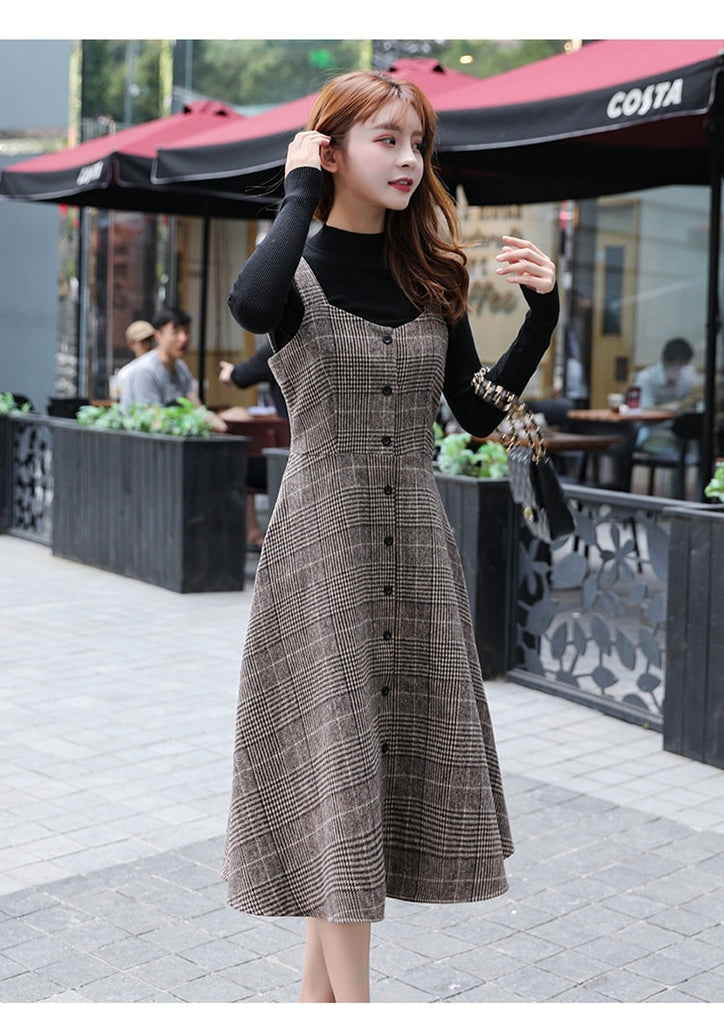 England Style Autumn Winter Women Midi Sundress Suspenders Vintage Plaid Woolen Sleeveless Dress Elegant Chic Warm Vestido Mujer