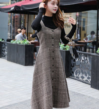 England Style Autumn Winter Women Midi Sundress Suspenders Vintage Plaid Woolen Sleeveless Dress Elegant Chic Warm Vestido Mujer