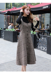 England Style Autumn Winter Women Midi Sundress Suspenders Vintage Plaid Woolen Sleeveless Dress Elegant Chic Warm Vestido Mujer