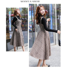 England Style Autumn Winter Women Midi Sundress Suspenders Vintage Plaid Woolen Sleeveless Dress Elegant Chic Warm Vestido Mujer