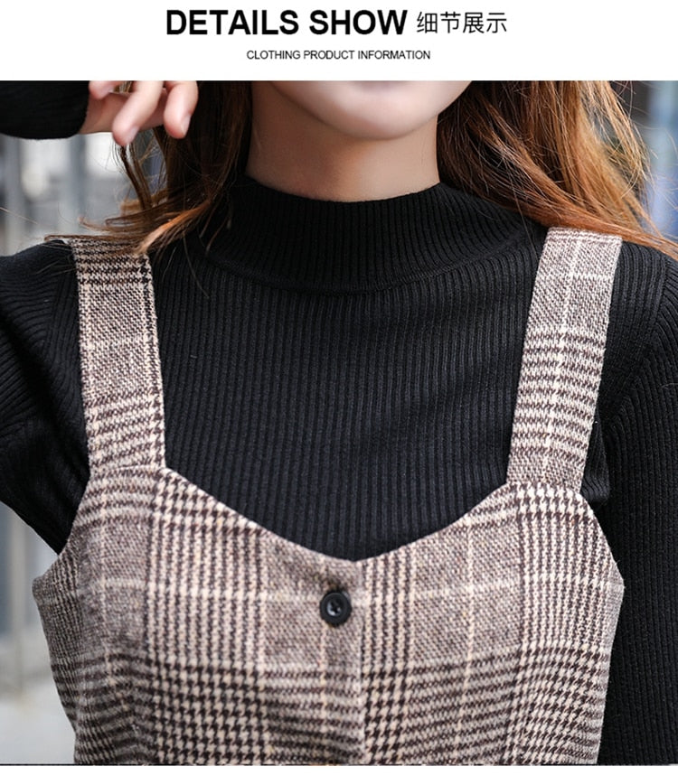 England Style Autumn Winter Women Midi Sundress Suspenders Vintage Plaid Woolen Sleeveless Dress Elegant Chic Warm Vestido Mujer