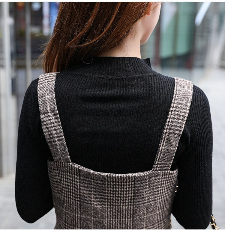 England Style Autumn Winter Women Midi Sundress Suspenders Vintage Plaid Woolen Sleeveless Dress Elegant Chic Warm Vestido Mujer