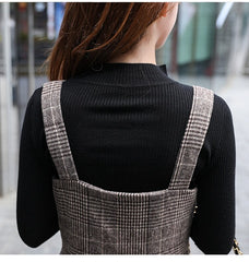 England Style Autumn Winter Women Midi Sundress Suspenders Vintage Plaid Woolen Sleeveless Dress Elegant Chic Warm Vestido Mujer