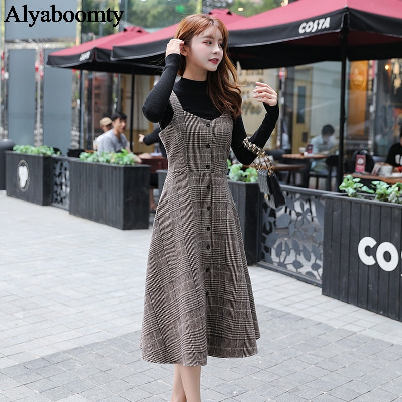 England Style Autumn Winter Women Midi Sundress Suspenders Vintage Plaid Woolen Sleeveless Dress Elegant Chic Warm Vestido Mujer