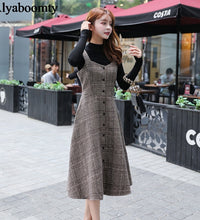 England Style Autumn Winter Women Midi Sundress Suspenders Vintage Plaid Woolen Sleeveless Dress Elegant Chic Warm Vestido Mujer