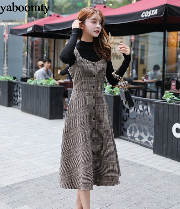 England Style Autumn Winter Women Midi Sundress Suspenders Vintage Plaid Woolen Sleeveless Dress Elegant Chic Warm Vestido Mujer