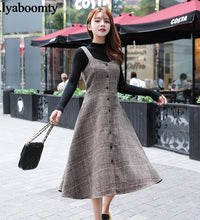 England Style Autumn Winter Women Midi Sundress Suspenders Vintage Plaid Woolen Sleeveless Dress Elegant Chic Warm Vestido Mujer