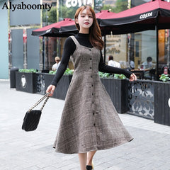 England Style Autumn Winter Women Midi Sundress Suspenders Vintage Plaid Woolen Sleeveless Dress Elegant Chic Warm Vestido Mujer