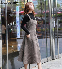 England Style Autumn Winter Women Midi Sundress Suspenders Vintage Plaid Woolen Sleeveless Dress Elegant Chic Warm Vestido Mujer