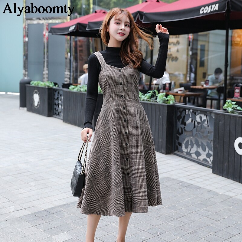 England Style Autumn Winter Women Midi Sundress Suspenders Vintage Plaid Woolen Sleeveless Dress Elegant Chic Warm Vestido Mujer