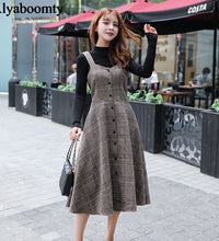 England Style Autumn Winter Women Midi Sundress Suspenders Vintage Plaid Woolen Sleeveless Dress Elegant Chic Warm Vestido Mujer