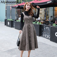 England Style Autumn Winter Women Midi Sundress Suspenders Vintage Plaid Woolen Sleeveless Dress Elegant Chic Warm Vestido Mujer