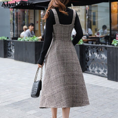 England Style Autumn Winter Women Midi Sundress Suspenders Vintage Plaid Woolen Sleeveless Dress Elegant Chic Warm Vestido Mujer