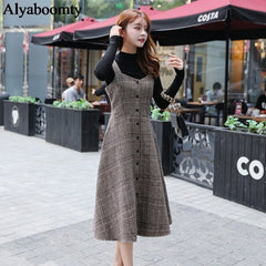 England Style Autumn Winter Women Midi Sundress Suspenders Vintage Plaid Woolen Sleeveless Dress Elegant Chic Warm Vestido Mujer