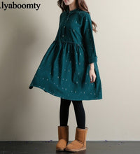 Mori Girl Autumn Winter Women Lolita Dress Blue Green Cartoon Print Casual Vestidos Preppy Cute Kawaii Elegant Corduroy Dresses