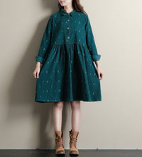 Mori Girl Autumn Winter Women Lolita Dress Blue Green Cartoon Print Casual Vestidos Preppy Cute Kawaii Elegant Corduroy Dresses