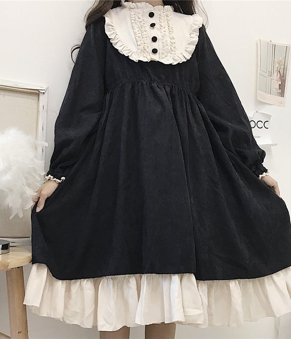 Japanese Style 2020 Autumn Women'S Dresses O-Neck High Waist Slimming Contrast-Color Ruffled Sweet Lolita Dress Kawaii Clothing