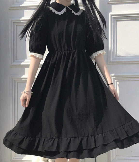 Japanese College Style Summer Dress Sweet Peter Pan Collar Kawaii Lace Ruffles Dress Short Sleeve Mori Girl Black Woman Dress