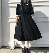 Japanese College Style Summer Dress Sweet Peter Pan Collar Kawaii Lace Ruffles Dress Short Sleeve Mori Girl Black Woman Dress