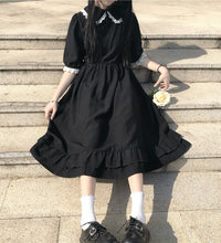 Japanese College Style Summer Dress Sweet Peter Pan Collar Kawaii Lace Ruffles Dress Short Sleeve Mori Girl Black Woman Dress