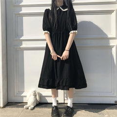 Japanese College Style Summer Dress Sweet Peter Pan Collar Kawaii Lace Ruffles Dress Short Sleeve Mori Girl Black Woman Dress