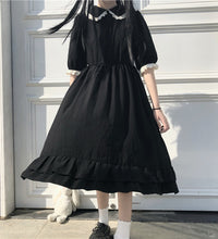 Japanese College Style Summer Dress Sweet Peter Pan Collar Kawaii Lace Ruffles Dress Short Sleeve Mori Girl Black Woman Dress