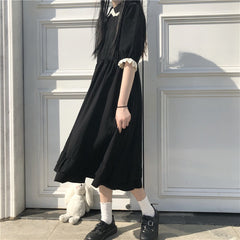 Japanese College Style Summer Dress Sweet Peter Pan Collar Kawaii Lace Ruffles Dress Short Sleeve Mori Girl Black Woman Dress