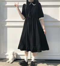 Japanese College Style Summer Dress Sweet Peter Pan Collar Kawaii Lace Ruffles Dress Short Sleeve Mori Girl Black Woman Dress