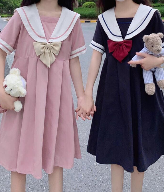 Short Sleeve Dress Women Bow Patchwork Sailor Collar Pleated JK Japanese Style Sweet Kawaii Pleated A-Line Students Harajuku New