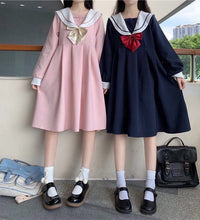 Short Sleeve Dress Women Bow Patchwork Sailor Collar Pleated JK Japanese Style Sweet Kawaii Pleated A-Line Students Harajuku New