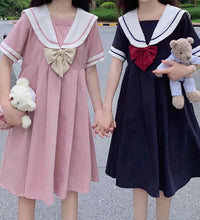 Short Sleeve Dress Women Bow Patchwork Sailor Collar Pleated JK Japanese Style Sweet Kawaii Pleated A-Line Students Harajuku New