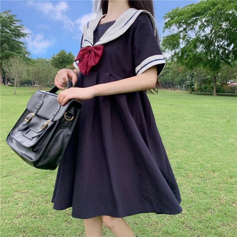 Short Sleeve Dress Women Bow Patchwork Sailor Collar Pleated JK Japanese Style Sweet Kawaii Pleated A-Line Students Harajuku New