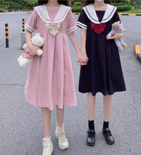 Short Sleeve Dress Women Bow Patchwork Sailor Collar Pleated JK Japanese Style Sweet Kawaii Pleated A-Line Students Harajuku New