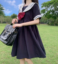 Short Sleeve Dress Women Bow Patchwork Sailor Collar Pleated JK Japanese Style Sweet Kawaii Pleated A-Line Students Harajuku New