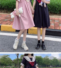 Short Sleeve Dress Women Bow Patchwork Sailor Collar Pleated JK Japanese Style Sweet Kawaii Pleated A-Line Students Harajuku New