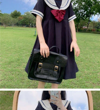 Short Sleeve Dress Women Bow Patchwork Sailor Collar Pleated JK Japanese Style Sweet Kawaii Pleated A-Line Students Harajuku New