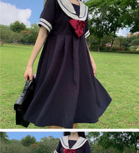 Short Sleeve Dress Women Bow Patchwork Sailor Collar Pleated JK Japanese Style Sweet Kawaii Pleated A-Line Students Harajuku New