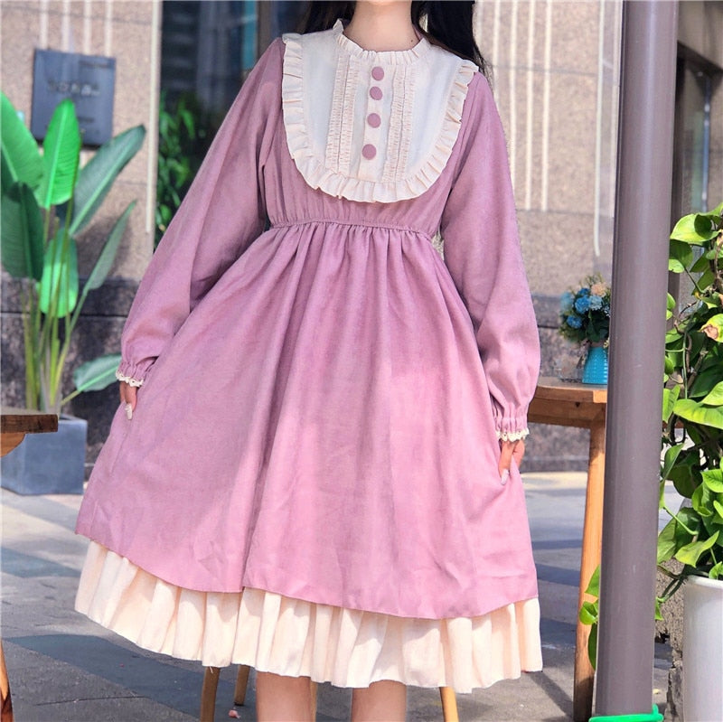 Japanese Style 2020 Autumn Women'S Dresses O-Neck High Waist Slimming Contrast-Color Ruffled Sweet Lolita Dress Kawaii Clothing