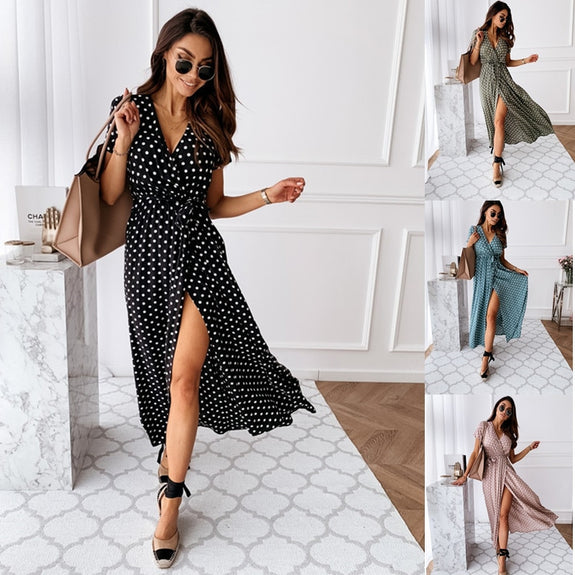 Women Dresses Summer 2021 Fashion Polka Dot Split Boho Dress V-Neck Women Casual Beach Vacation Long Dresses Vestido De Mujer