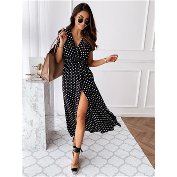 Women Dresses Summer 2021 Fashion Polka Dot Split Boho Dress V-Neck Women Casual Beach Vacation Long Dresses Vestido De Mujer