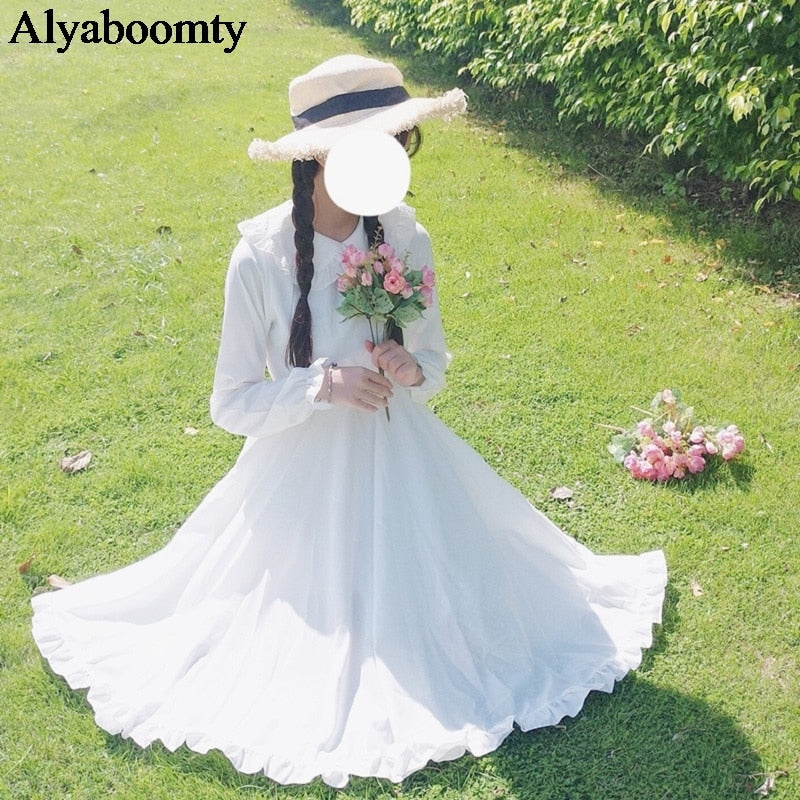 Japanese Summer Lolita Style White Dress Peter Pan Collar High Waist Princess Fairy Dress Elegant Cute Kawaii Girl Ruffles Dress