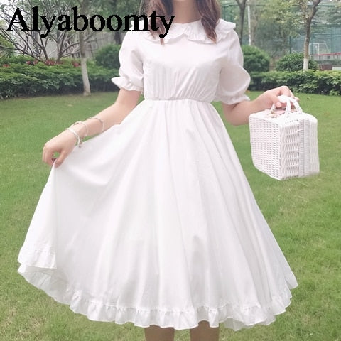 Japanese Summer Lolita Style White Dress Peter Pan Collar High Waist Princess Fairy Dress Elegant Cute Kawaii Girl Ruffles Dress