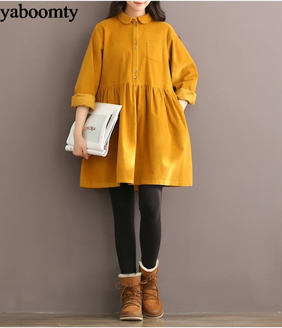 Mori Girl Autumn Winter Women Mini Dress Peter Pan Collar Casual Loose Corduroy Dress Elegant Cute Kawaii Sweet All-Match Dress