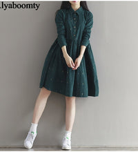 Korean Vintage Women Loose Dress Turn-Down Collar Character Full Sleeve Casual Vestidos Femininos Corduroy Green Retro Lady Dress