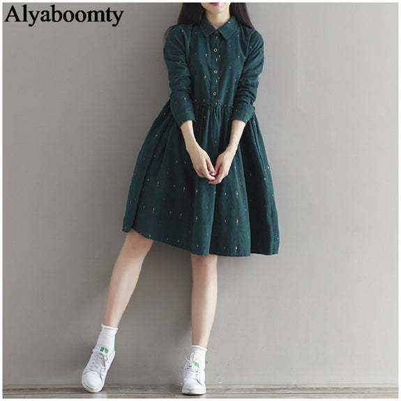 Korean Vintage Women Loose Dress Turn-Down Collar Character Full Sleeve Casual Vestidos Femininos Corduroy Green Retro Lady Dress