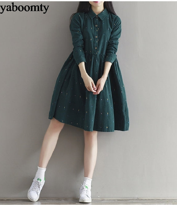 Korean Vintage Women Loose Dress Turn-Down Collar Character Full Sleeve Casual Vestidos Femininos Corduroy Green Retro Lady Dress