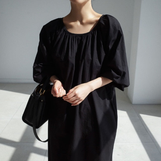 Black Loose Casual Dress Japanese-Style Simple Long-Sleeved Hedging Temperament College Female V-Neck Maxi 2021 New