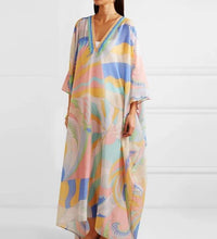 Women Spring Floral Printed Loose Maxi Dress Oversize Elegant 3/4 Sleeve Beach Dresses Summer V-neck Long Split Dresses Mujer