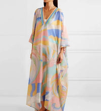 Women Spring Floral Printed Loose Maxi Dress Oversize Elegant 3/4 Sleeve Beach Dresses Summer V-neck Long Split Dresses Mujer