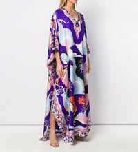 Women Spring Floral Printed Loose Maxi Dress Oversize Elegant 3/4 Sleeve Beach Dresses Summer V-neck Long Split Dresses Mujer